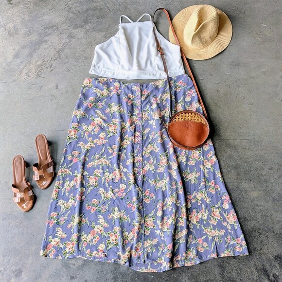 Vintage Something Different Purple Floral Button Front A-Line Midi Skirt size 24 - Picture 1 of 8